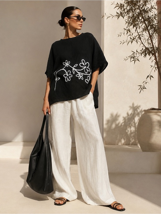 M Made In Italy Tops - Made in Italy, 100% linen Black Floral Embroidered Relaxed Top for Women
